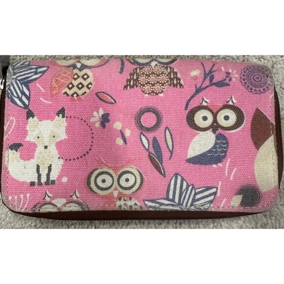 Unionbay Womens Pink Owl & Fox Canvas Wallet Multiple Compartments & Zipper - Picture 3 of 7